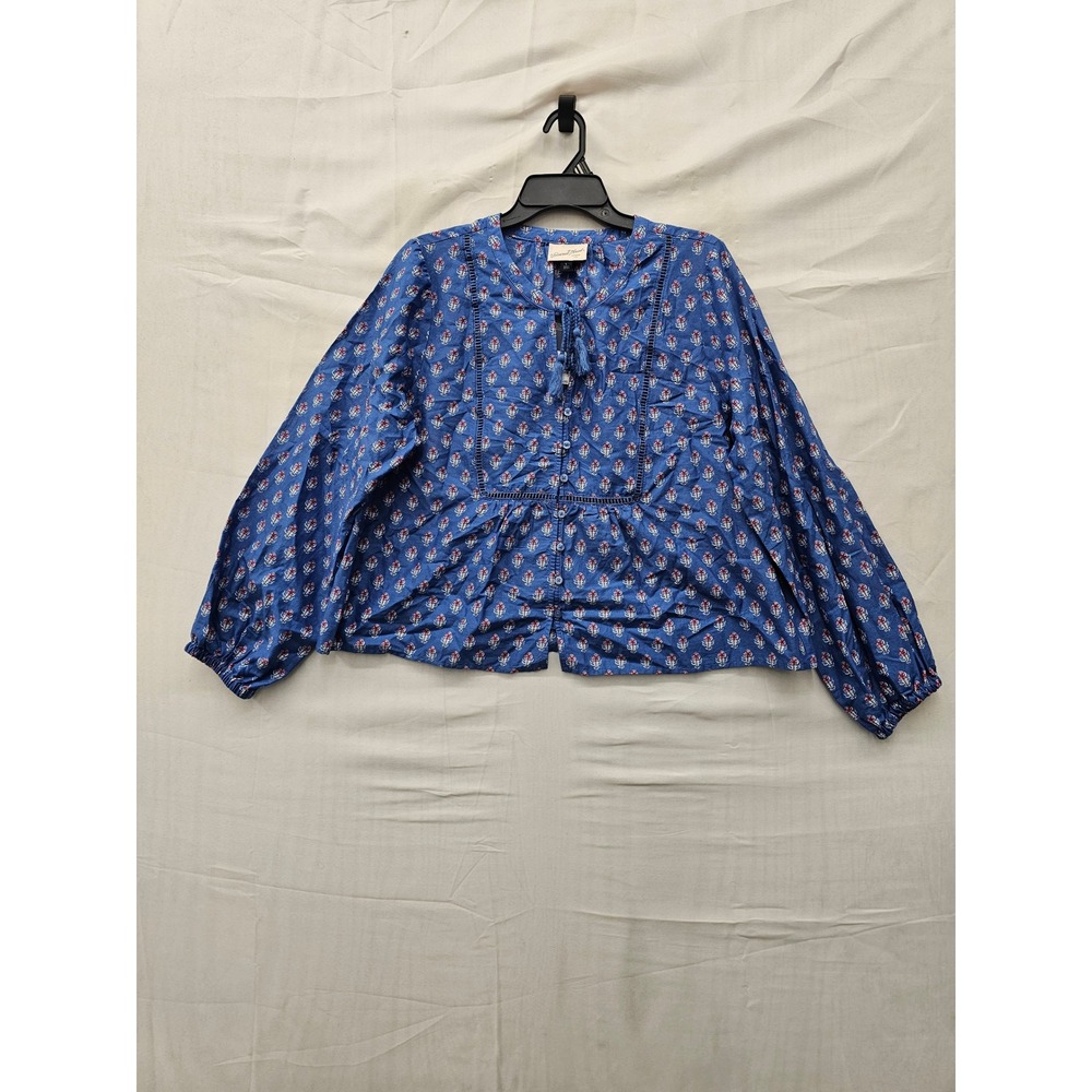 Universal Thread Womens Floral Long Sleeve Blouse Blue Cotton Size Large
